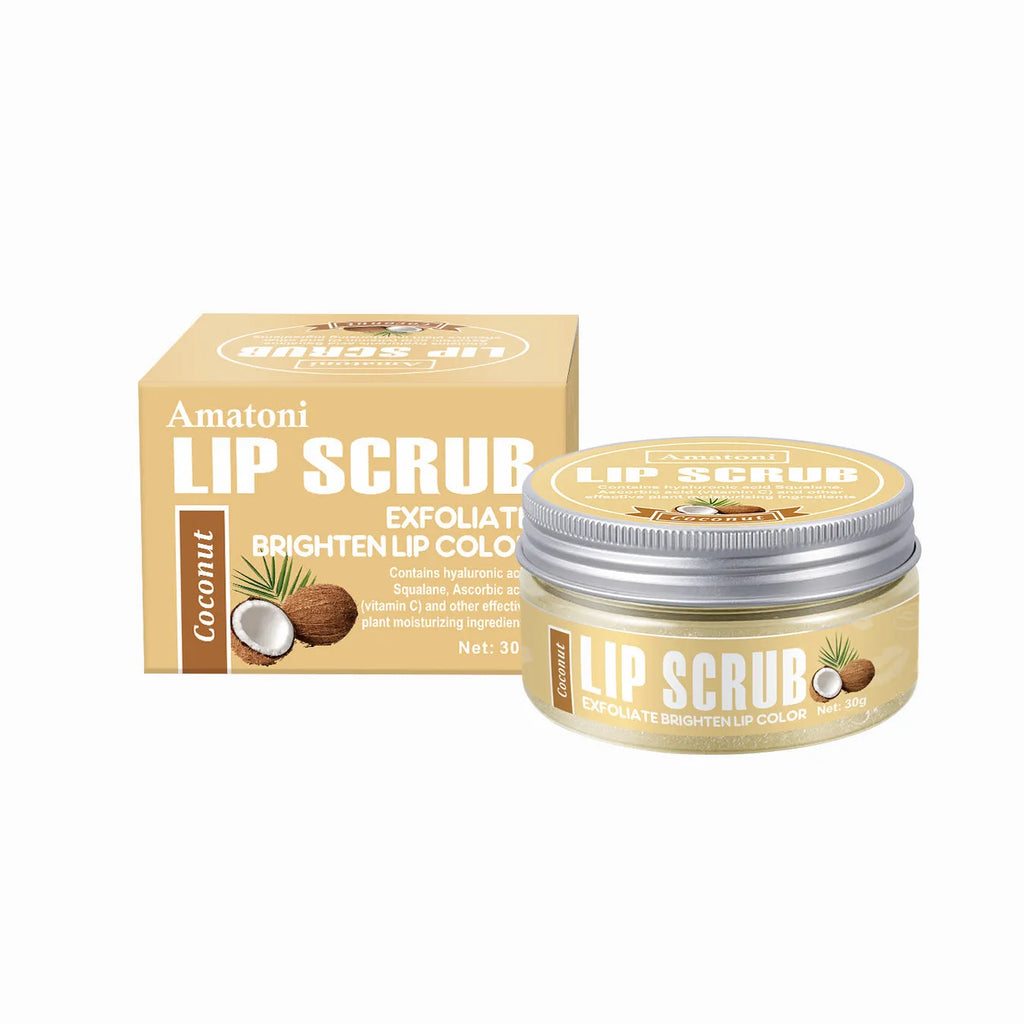 Amatoni lip scrub cream pot in coconut, raspberry, vanilla, or watermelon flavour, 30g.