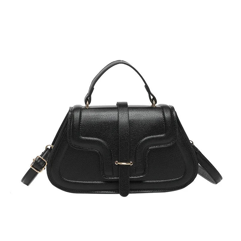 PU leather horizontal square casual handbag with stitching detail in black