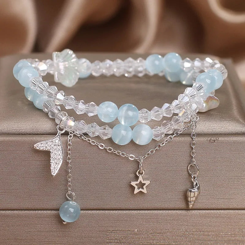 Double circle aquamarine bracelet for women, light blue gemstone in metal setting