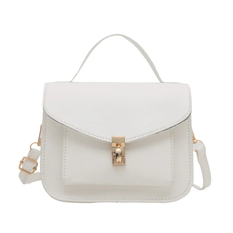 Retro style PU messenger bag in horizontal square format with sandwich pocket and crossbody strap