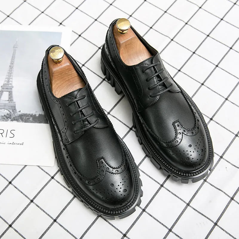 Men's black and brown business brogue shoes with round toe and artificial PU upper