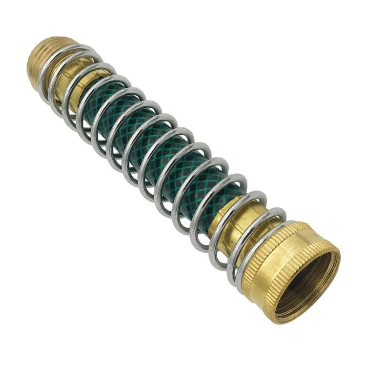 Close-up of a 15cm long brass garden hose spring connector with a visible internal spiral to prevent kinking.