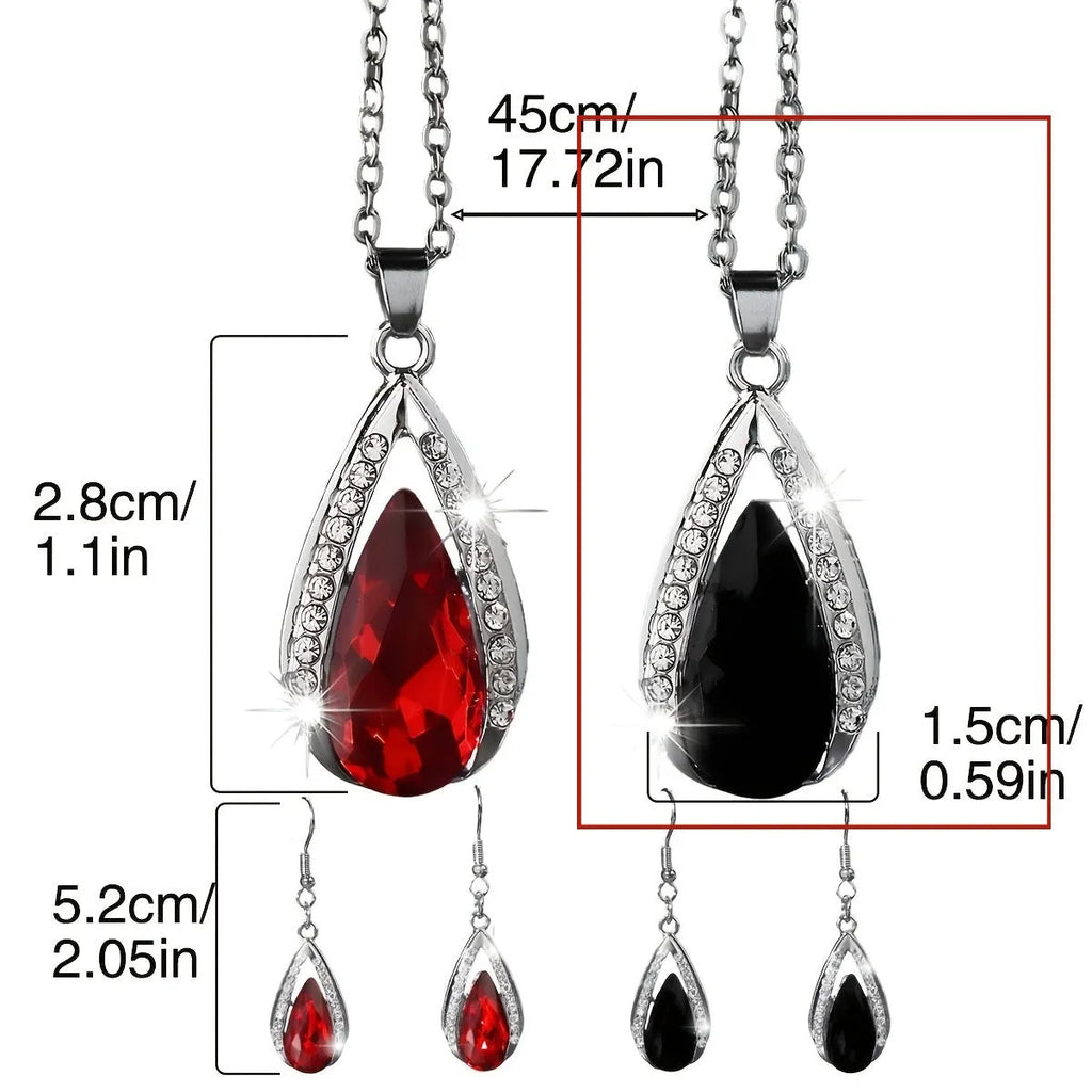 Black and red teardrop glass pendant alloy necklace and matching earrings set