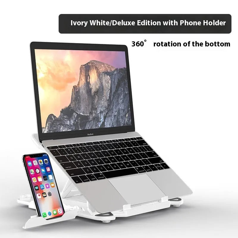Black laptop bracket with integrated strap phone holder on a desk
