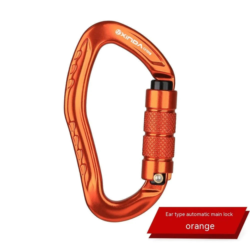 Automatic locking climbing carabiner hook in a selection of colours including black, blue, orange, red, and silver.