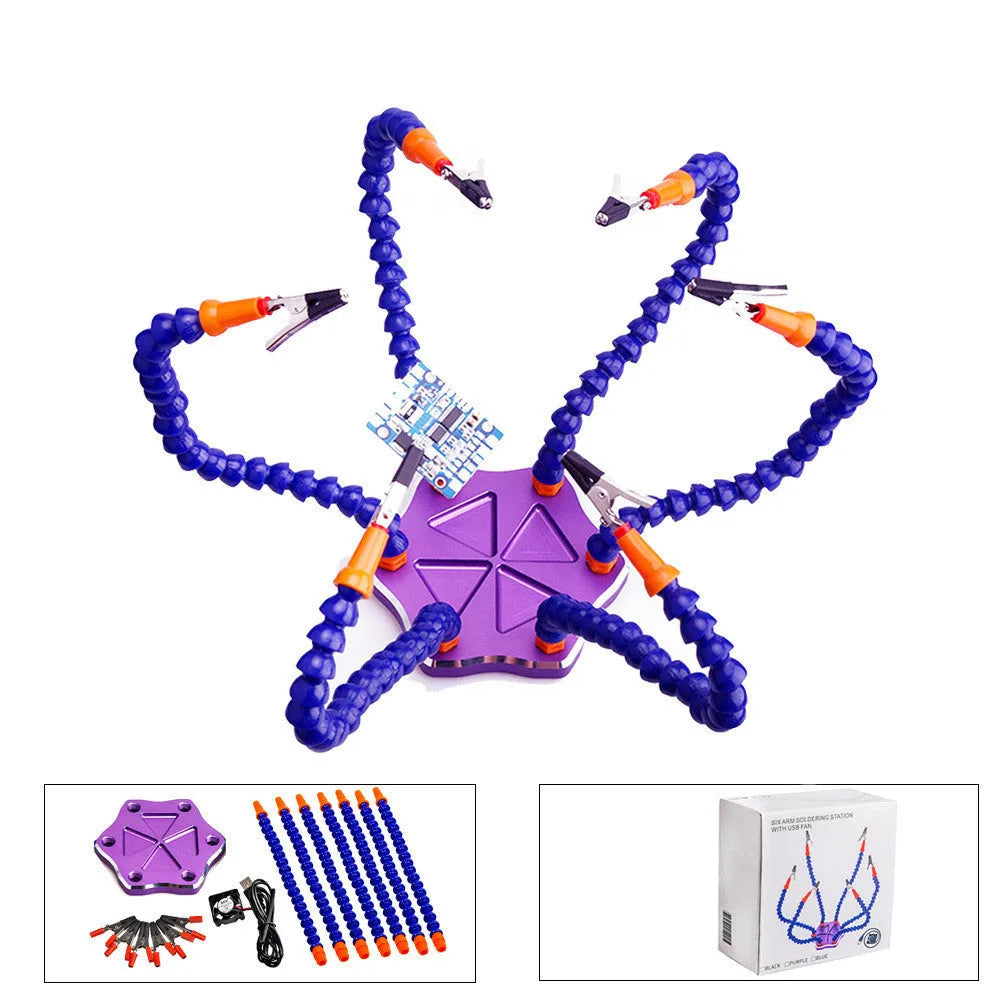 Black and purple aluminium alloy welding station with six claws and seven auxiliary arms for model repair