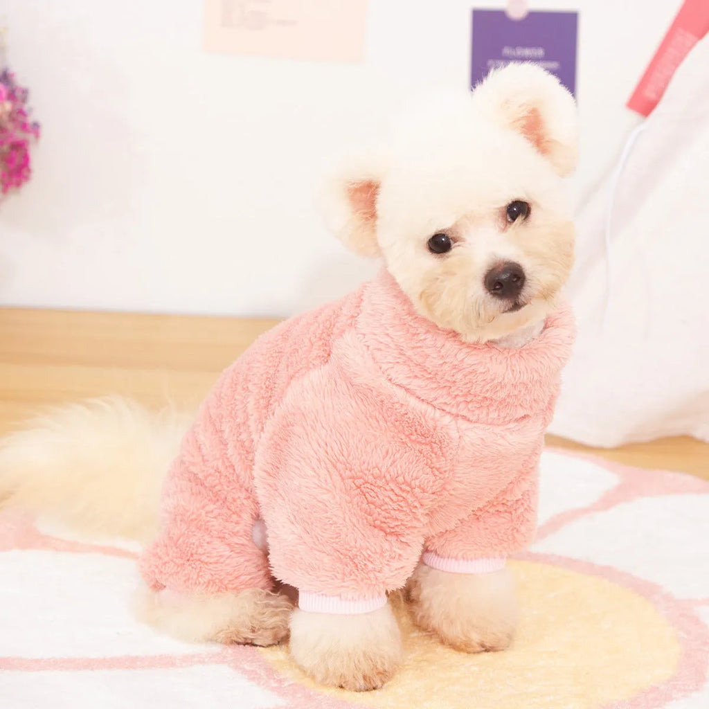 Four-legged dog clothes with double-sided plush fabric and high collar in khaki colour with towing ring attachment