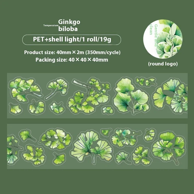 Roll of PET decorative stickers showing six botanical colour designs with 40mm width and 2m length dimensions