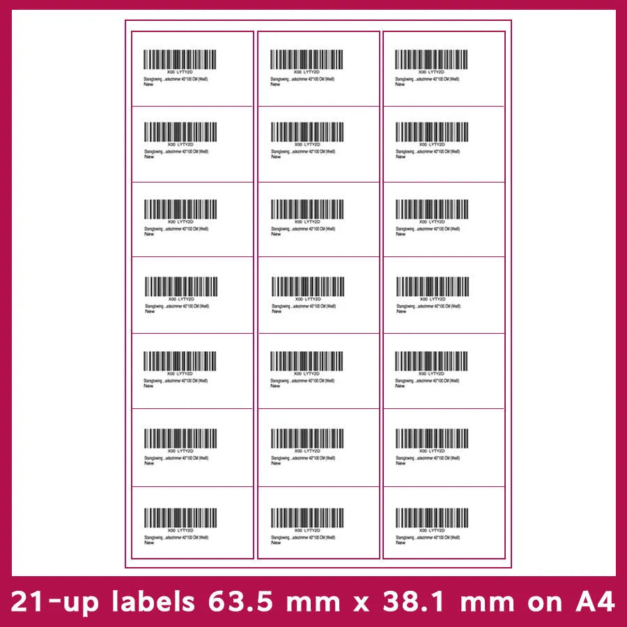 Pack of A4 FBA label paper sheets showing various pre-printed grid formats for barcodes.