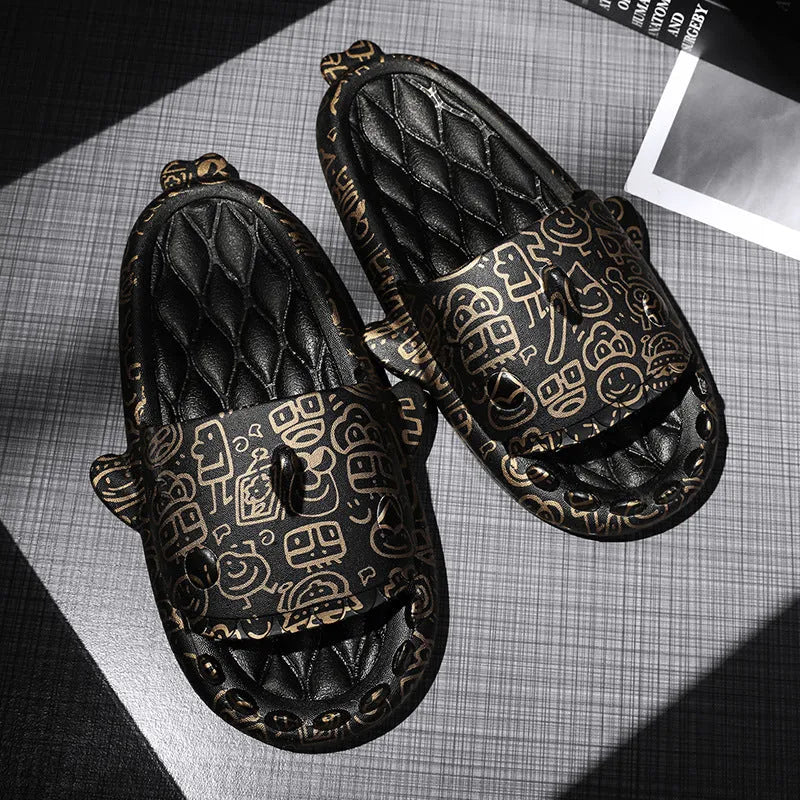 Casual beige and grey shark design EVA open-toe home slippers for men and women.