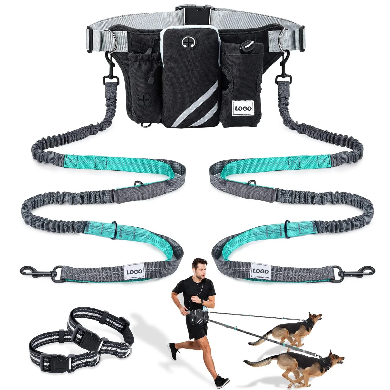 Black nylon dog walking waist bag and leash set for outdoor pet training