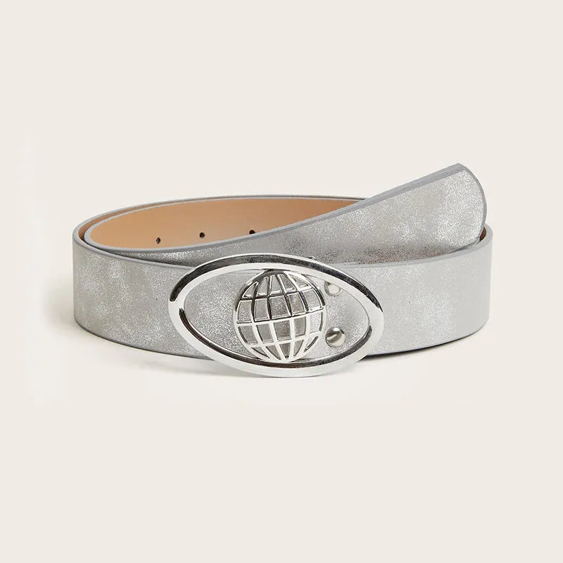 Retro women's thick belt with oval alloy buckle in antique grey-white finish