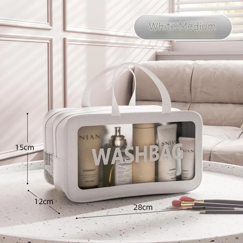 Portable dry wet separation washing and makeup bag in PU PVC with large capacity, available in black medium size.