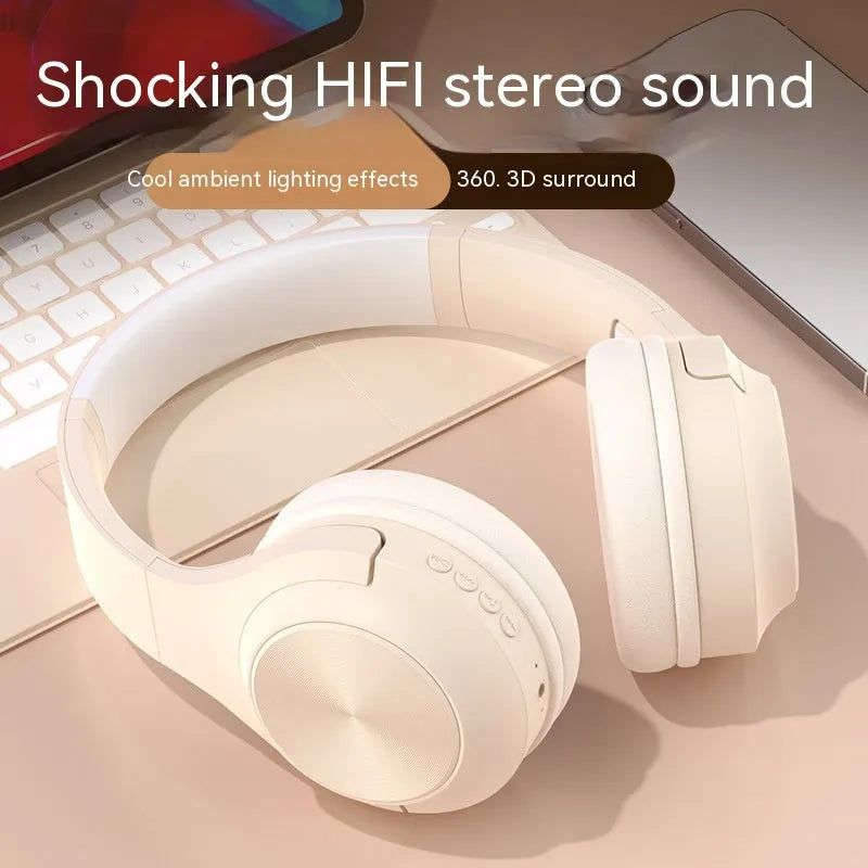 Wireless Bluetooth headset in ivory white, chalk black, or youth green colour, showing head-mounted design.