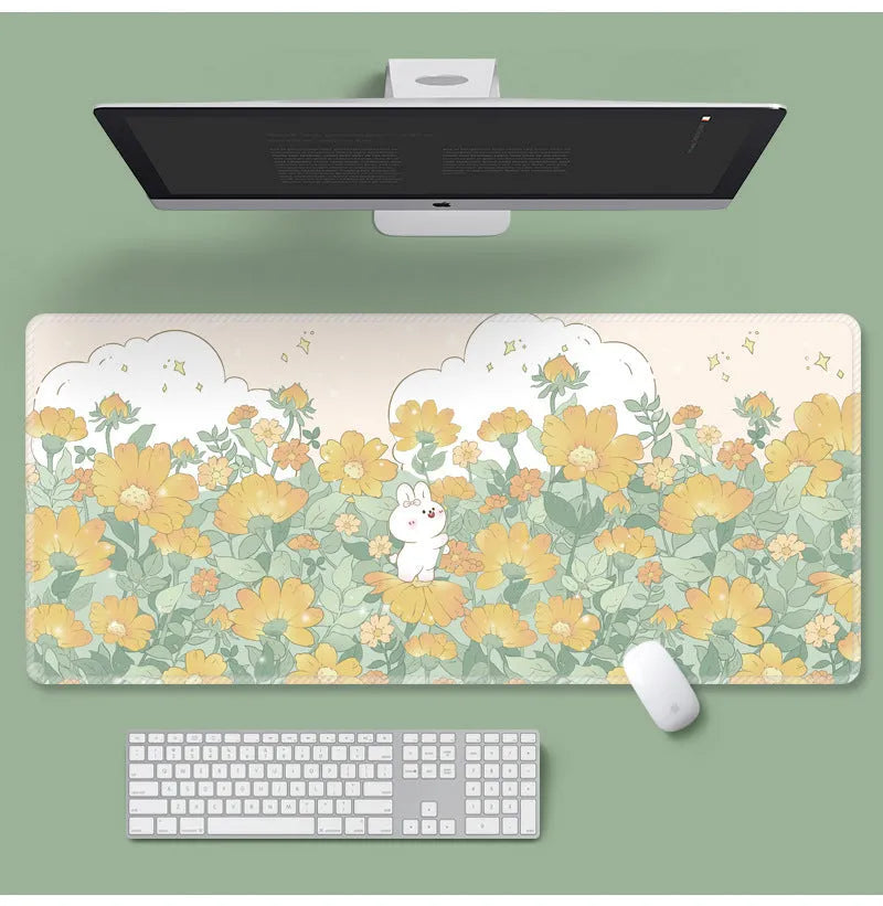 Large flower pattern computer mouse pad with natural rubber base showing floral cartoon design options