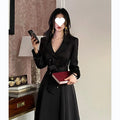 Black retro double-breasted long coat with waist control, polyester fibre, long sleeves