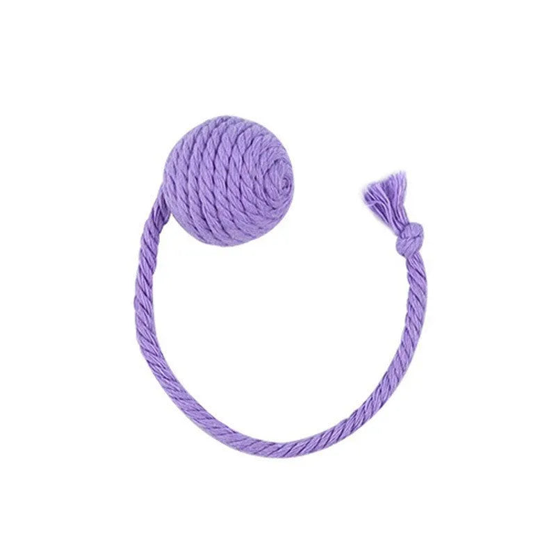 Colourful cat toy ball with rope tail and internal jingle bell in two size options