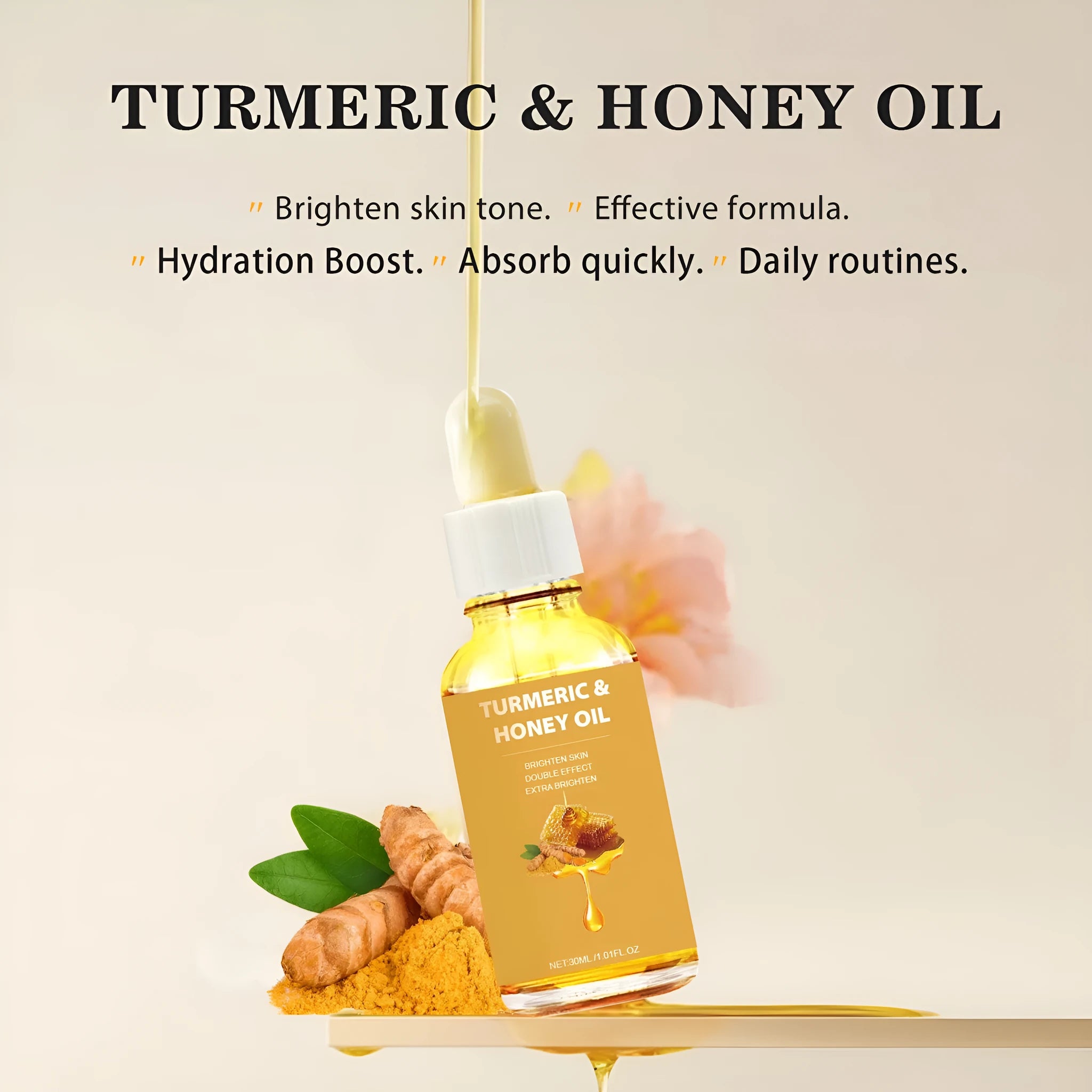 30ml bottle of turmeric honey essential oil in amber glass with neutral packaging