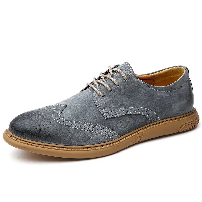 Men's black leather business formal lace-up shoes with a low top and rubber sole.