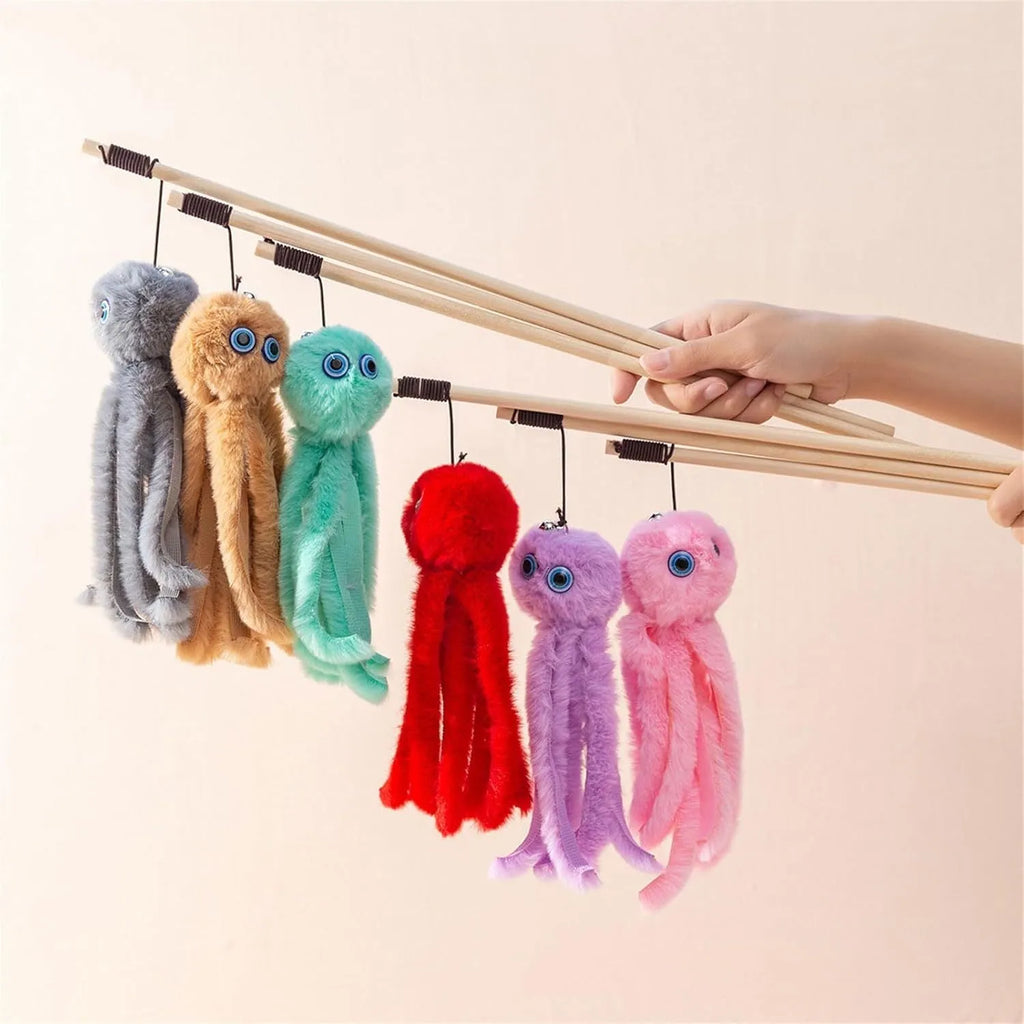 Furry octopus cat toy with eyes on 40cm long stick in pink colour for kitten play