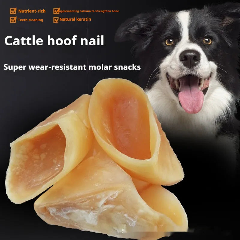 Natural cowhide dog grinding chew toy with a hoof shell, shown in two sizes for small and large dogs.