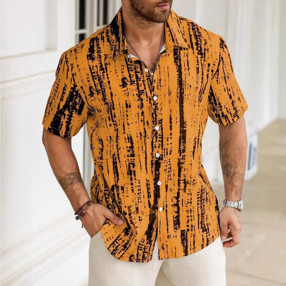 Men's 3D printed striped short sleeve shirt in apricot colour with anti-wrinkle polyester fabric