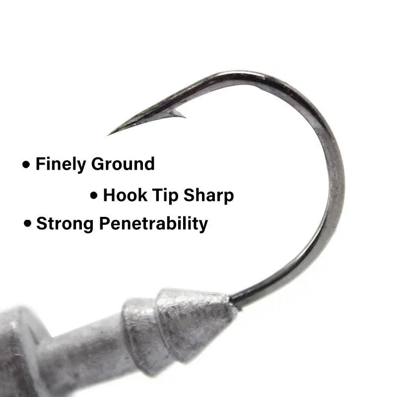 Yayu shaped lead head fishing hook in blue, silver, and yellow colours showing different weight sizes