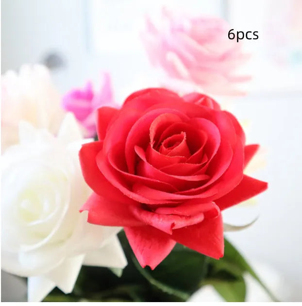 Silk fabric artificial rose bouquet in assorted colours with realistic petals, approximately 42cm long