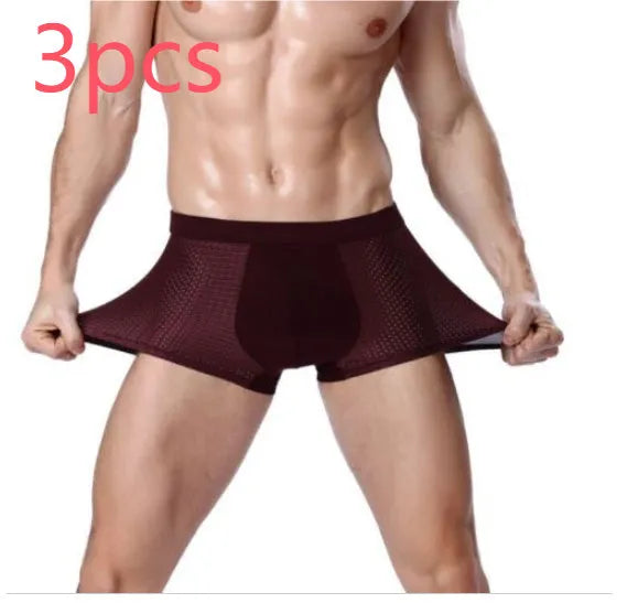 Men's solid colour modal boxer briefs with U-convex pouch design and mesh panel.