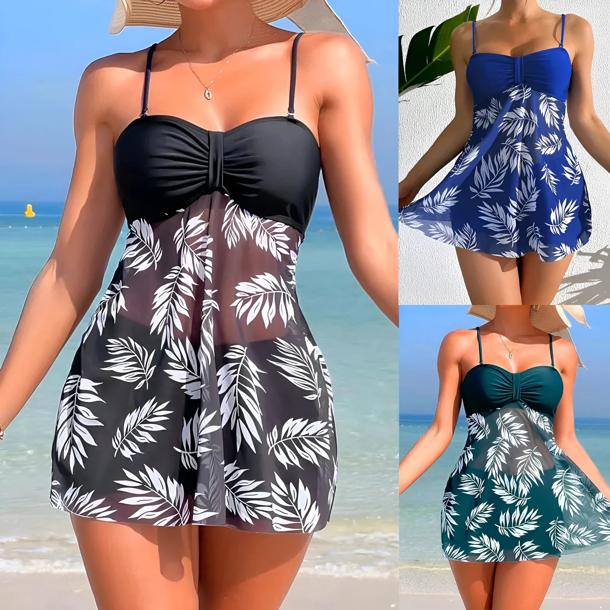 Women's high waist mesh swimsuit split boxers in black, blue, or peacock green