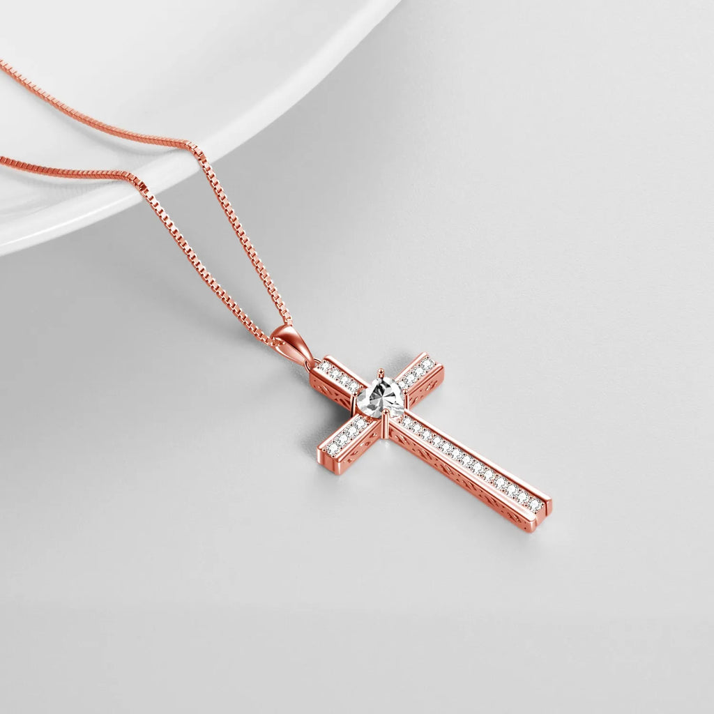Birthstone rose gold plated cross necklace on 925 silver chain with adjustable 18+2 inch length