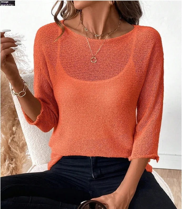 Women's knitted off-shoulder overall jumper in lavender purple with a 3D pattern and 3/4 sleeves.