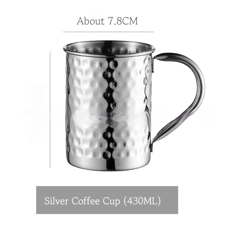 Stainless steel Moscow Mule cup with copper-plated finish in hammered and plain styles.