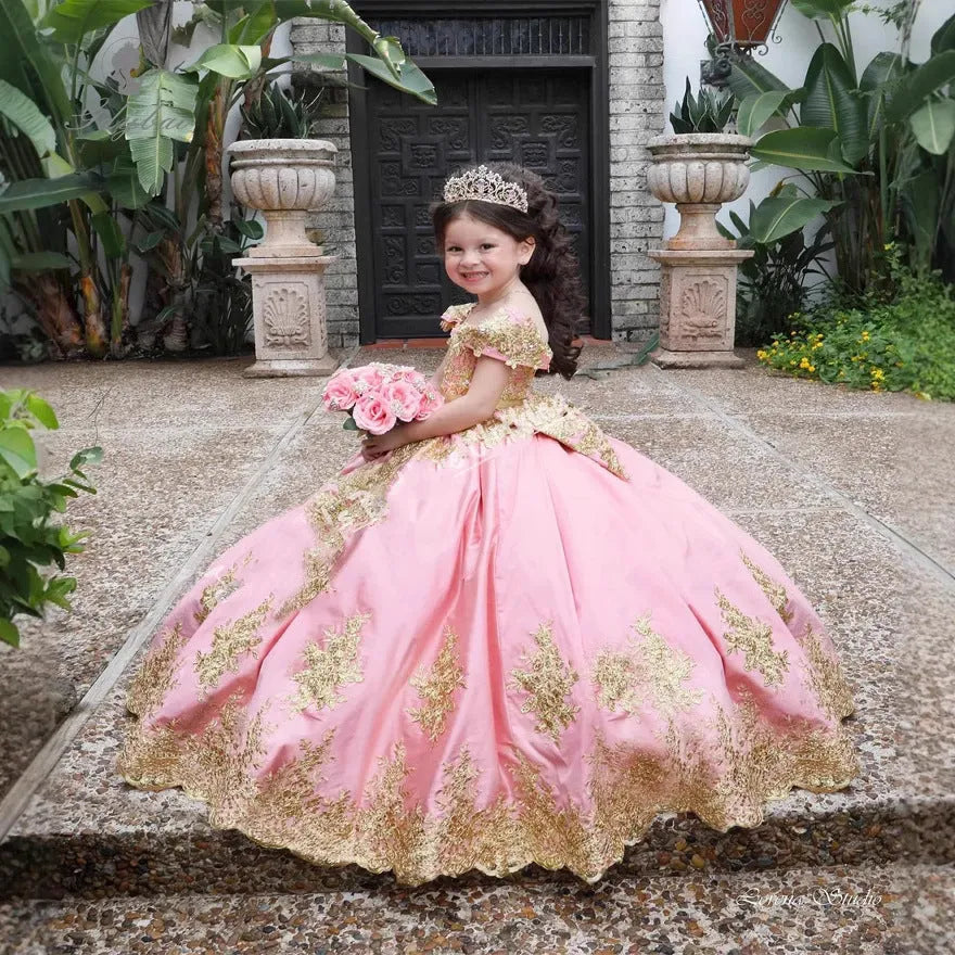 Girls floor-length cotton blend pettiskirt evening dress with lace in pink