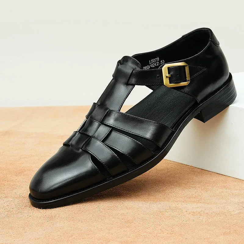 Genuine leather retro business summer men's shoes in brown and black with rubber sole