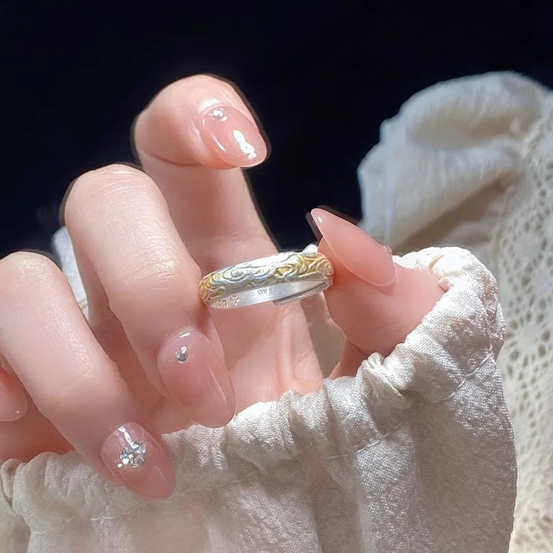 White copper adjustable ring with geometric Xiangyun pattern in silver gold electroplated finish