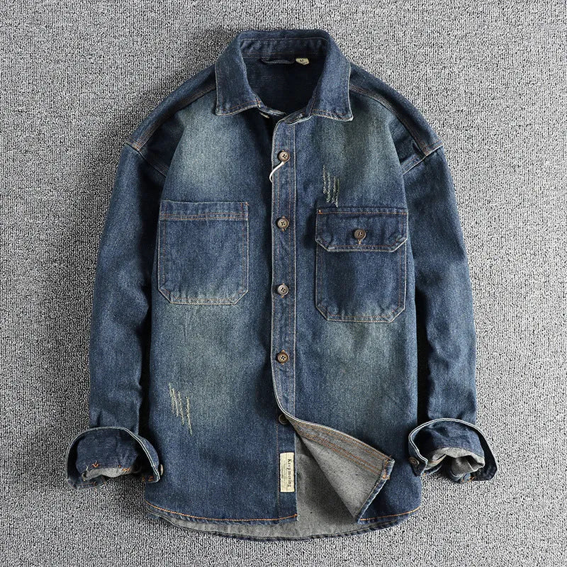 Men's light blue washed vintage denim shirt with long sleeves and loose fit