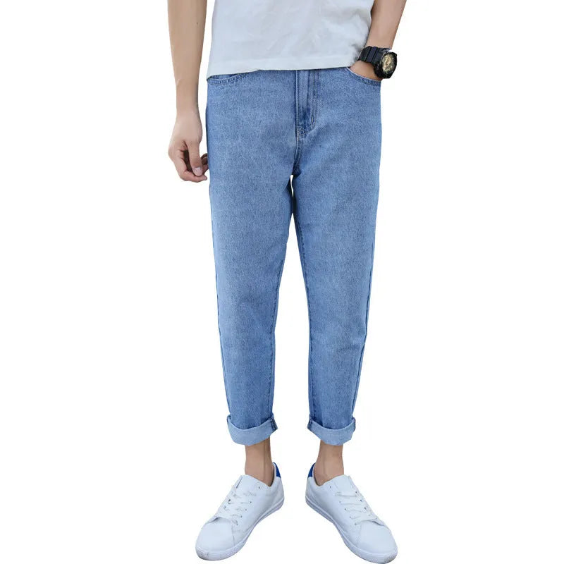 Men's loose straight leg harem style jeans in black or blue cotton fabric