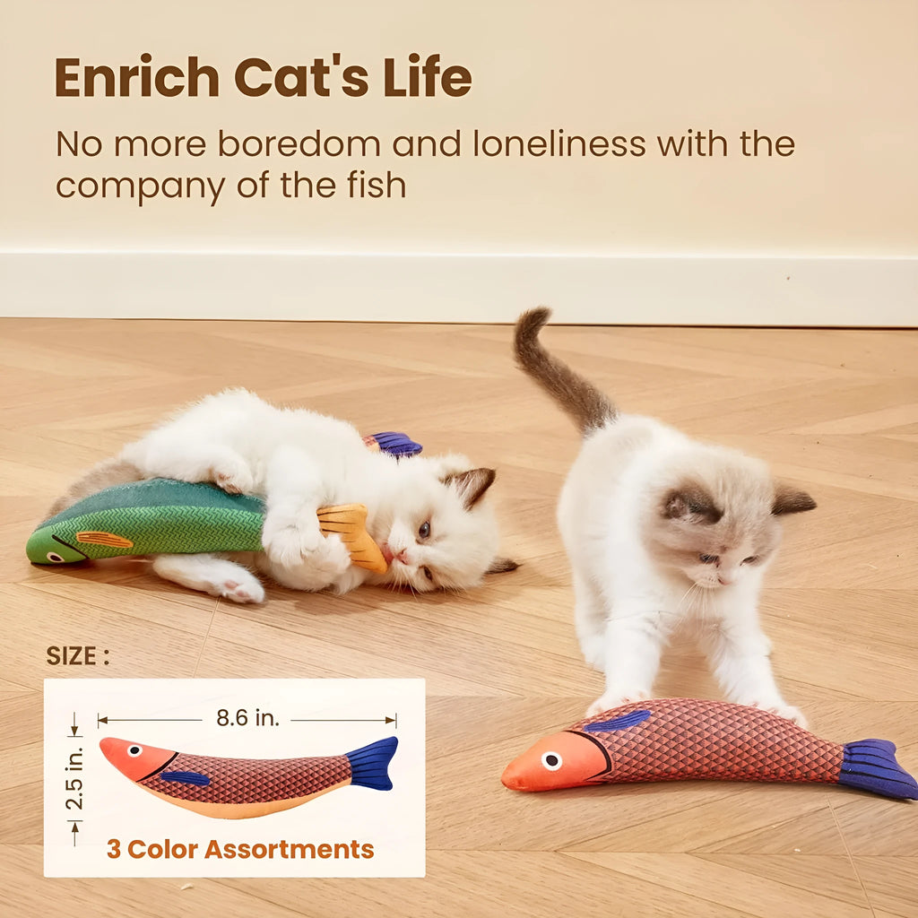 Soft plush catnip fish kicker toy in green, orange, or yellow colours for interactive cat play