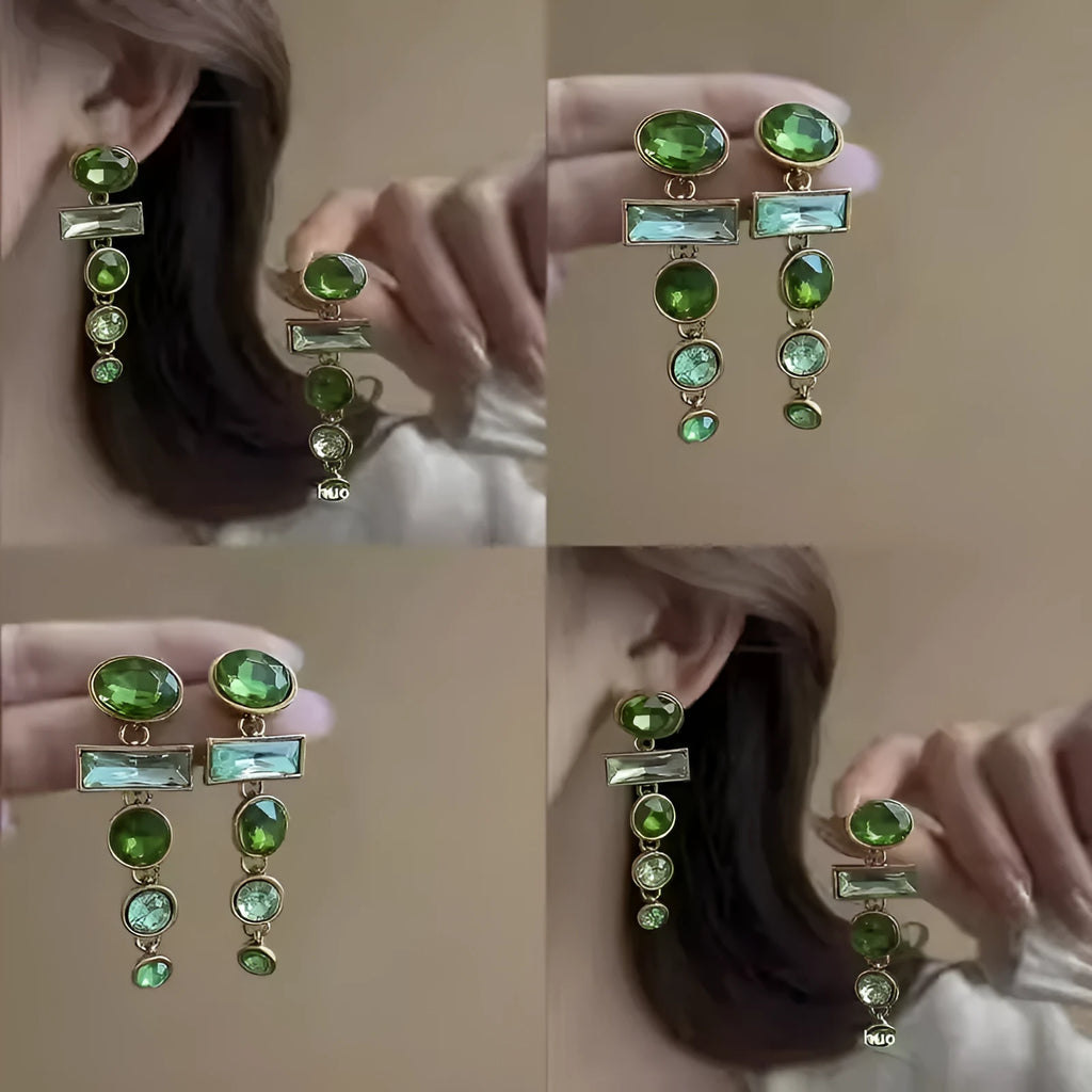 Geometric green gradient earrings with zircon inlay and tassel drops, Chinese style design