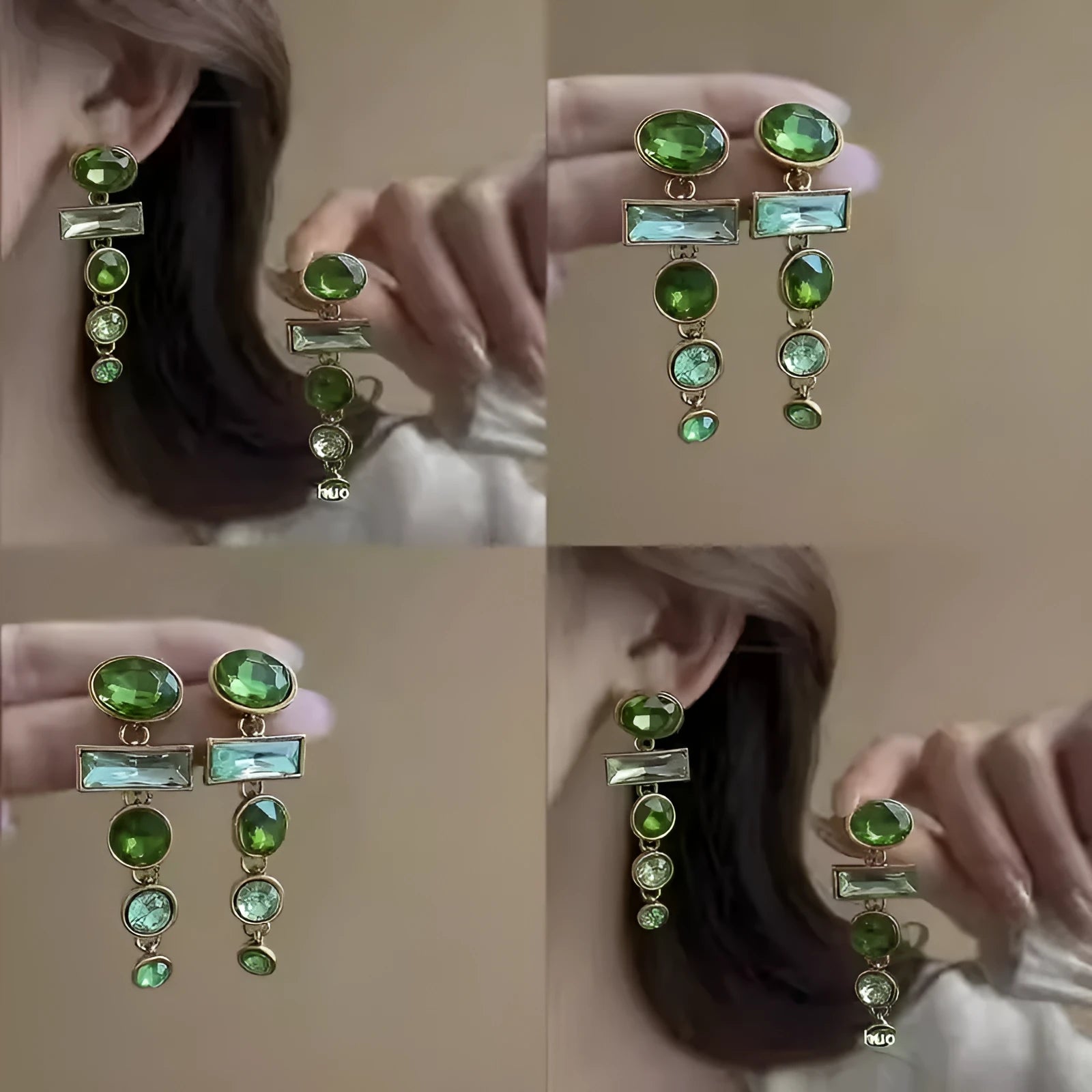 Geometric green gradient earrings with zircon inlay and tassel drops, Chinese style design