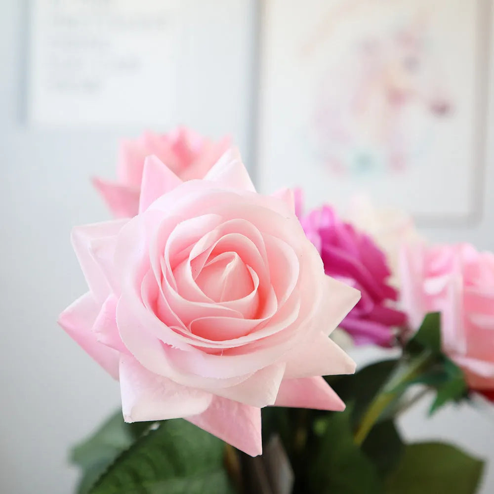 Silk fabric artificial rose bouquet in assorted colours with realistic petals, approximately 42cm long