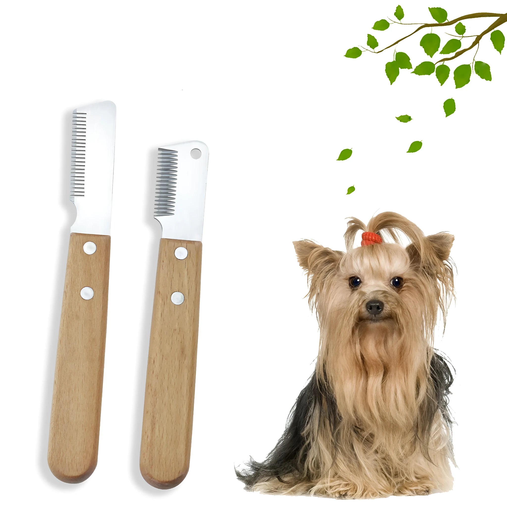 Pet stripping comb with wood handle showing long and short size options for dog and cat grooming