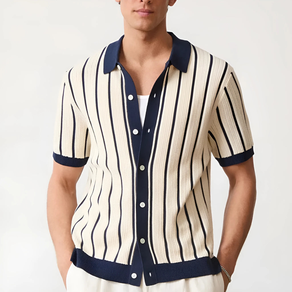 Men's white British style asymmetric lapel knitted top with stripe pattern and ice silk fabric