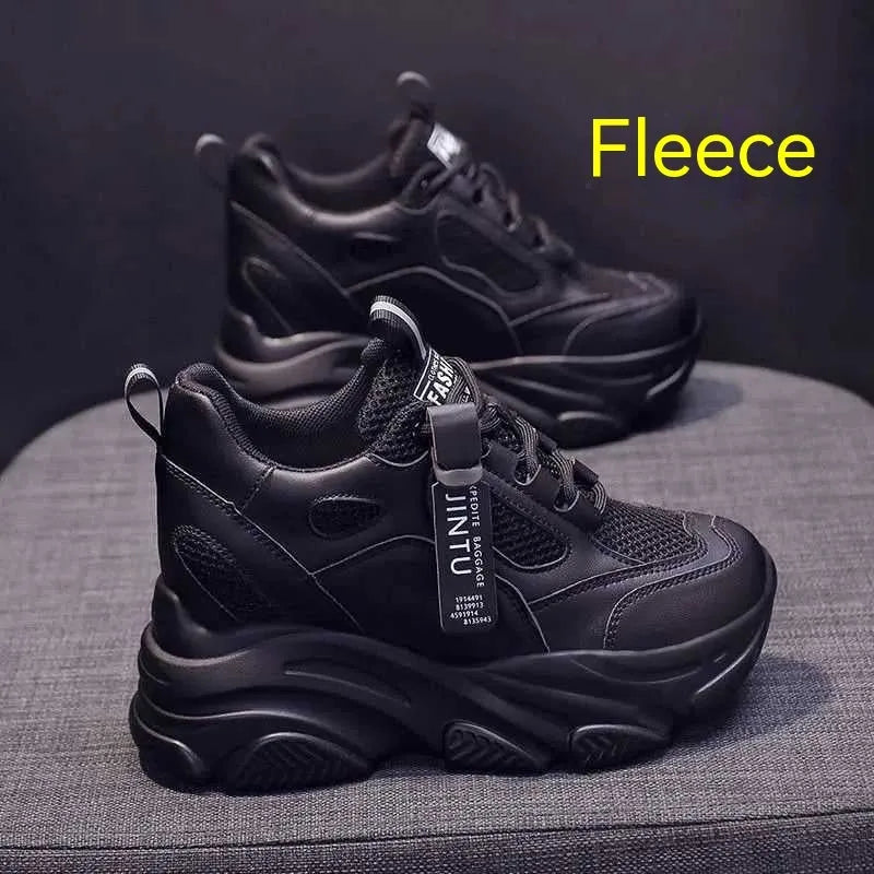Men's black mesh platform casual shoes with TPR soles and hollow-out design details
