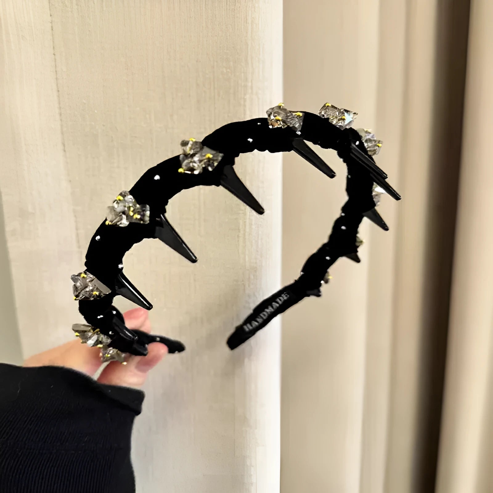 French velvet hairband with crystal wave decoration and non-slip strip in red, black, or coffee