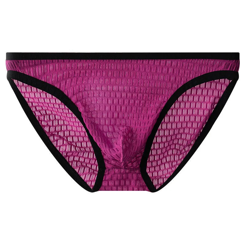 Men's low waist transparent lace underwear in multiple colours on a size chart background.