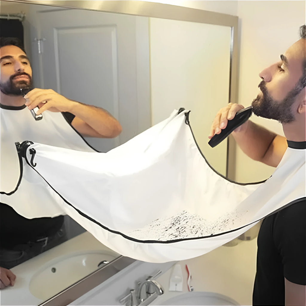 Polyester taff shaving apron with suction cup and tray table, 110x70cm, in black and white