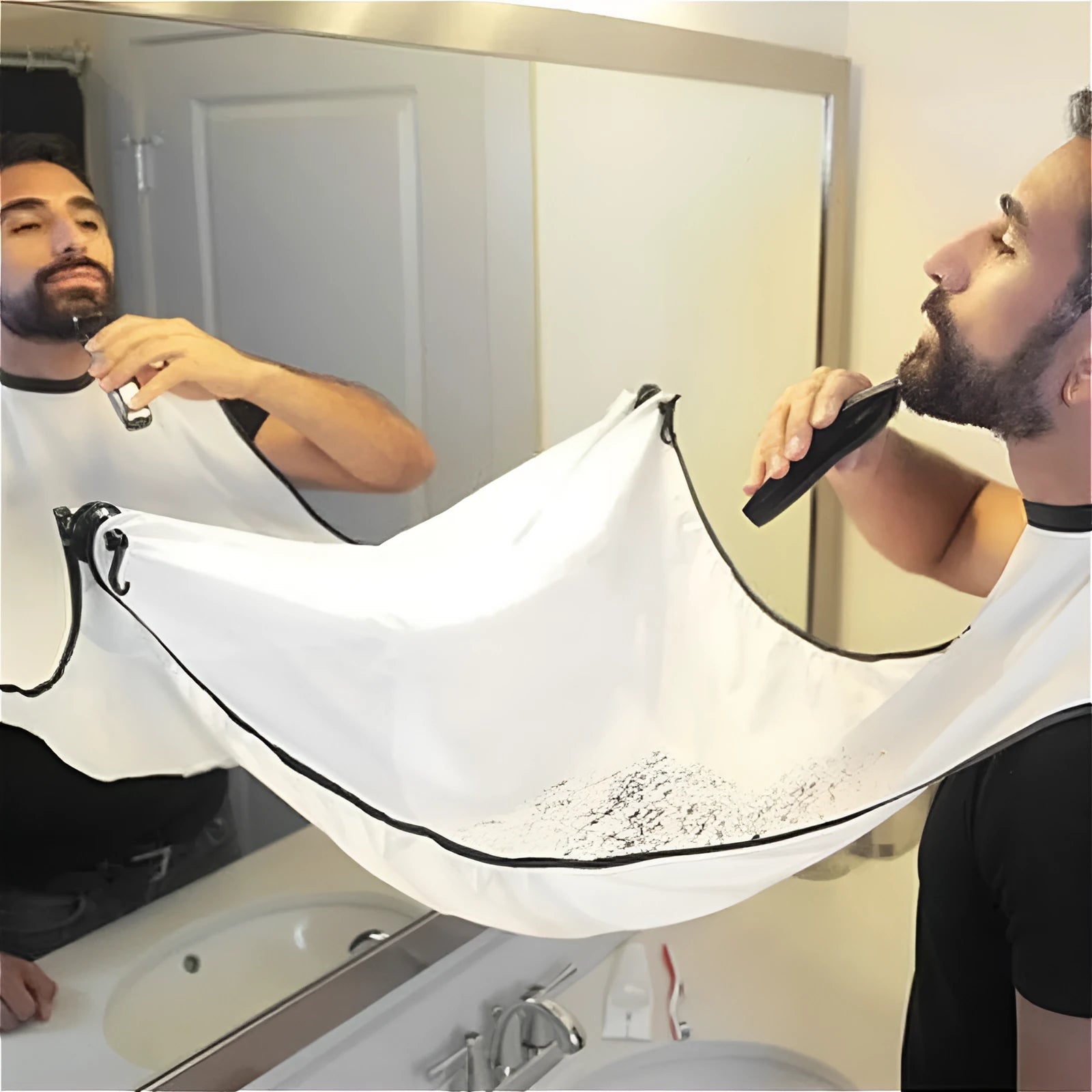 Polyester taff shaving apron with suction cup and tray table, 110x70cm, in black and white
