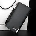 Men's long black PU leather wallet with full-length zipper closure showing seven card slots